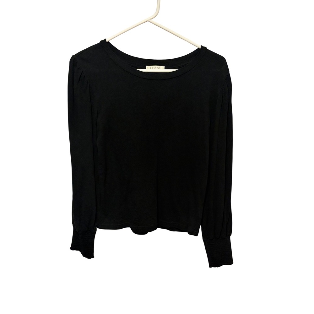 Z Supply Black Puff Sleeve‎ Top Smocked Cuffs Crew Neck Knit Shirt Womens Medium